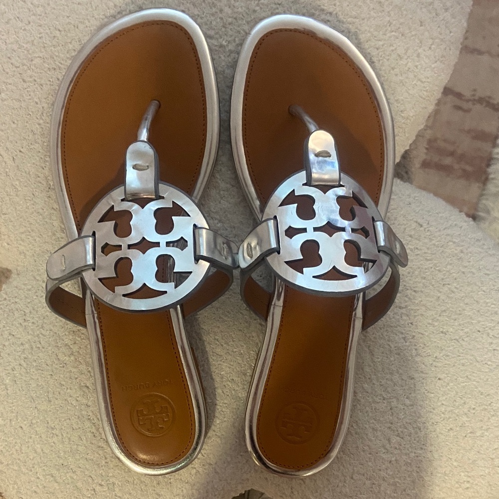 Tory Burch Metallic Silver and Tan Sandals